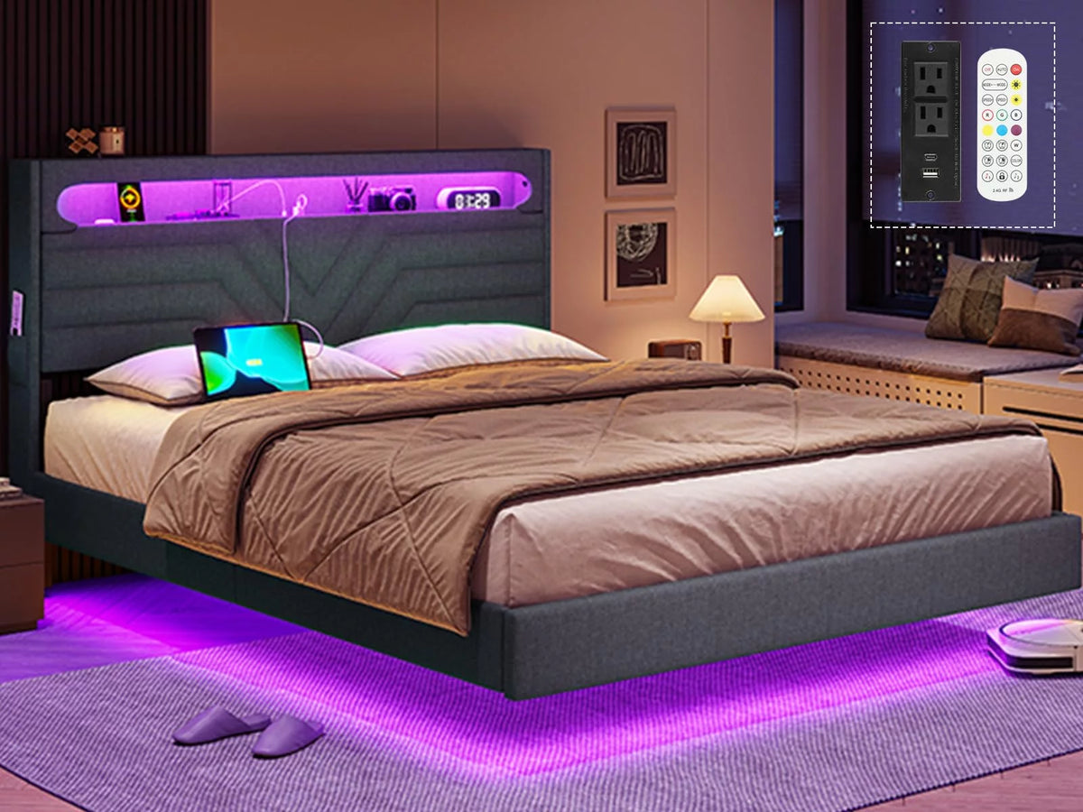 Queen Floating Bed Frame with LED Lights Headboard, USB-C/A Power Combo, Upholstered Platform Bed, Dark Gray R4299