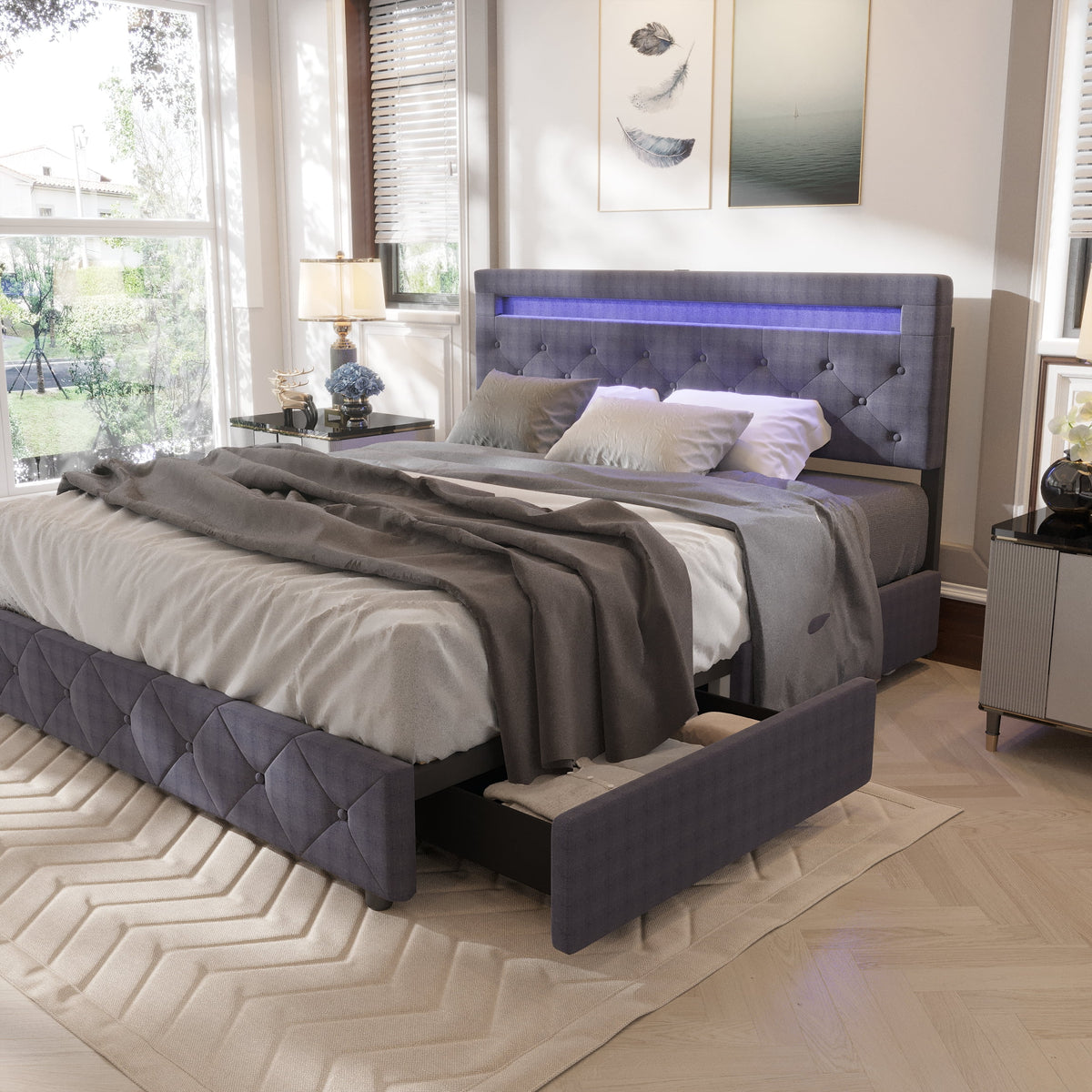 Full Size Upholstered Platform Bed Frame with LED Light Headboard I43443