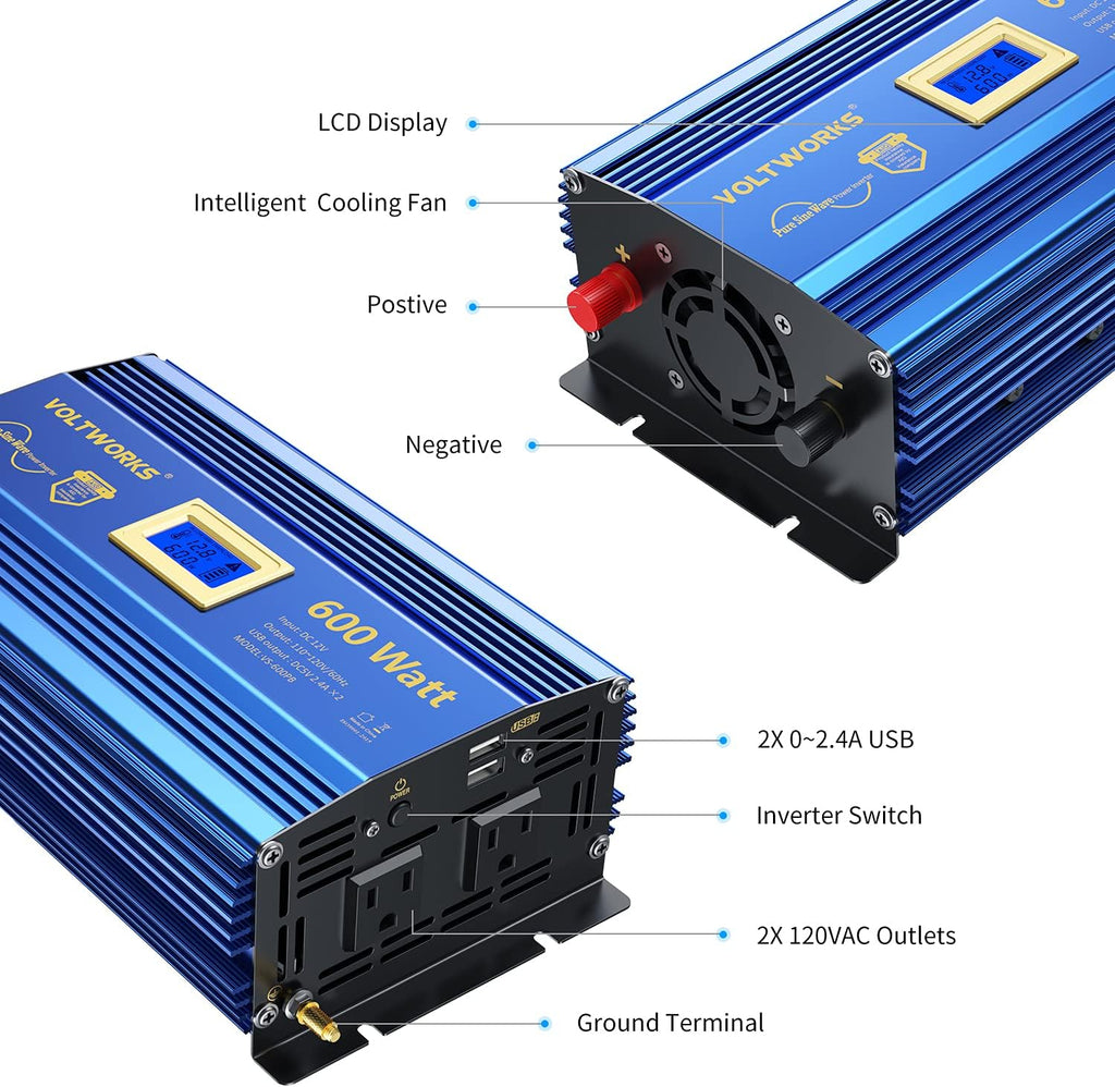 600 Watts Pure Sine Wave Power Inverter DC 12V to AC 110V 120V with USB Port & LCD Display M3535