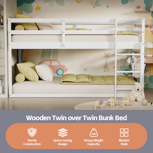 Twin Over Twin Wooden Bunk Bed with Ladder and Guardrails F923998