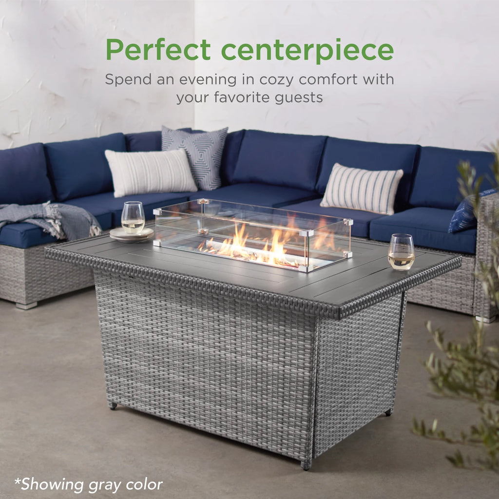 52in Wicker Propane Gas Fire Pit Table 50,000 BTU with Glass Wind Guard Z924