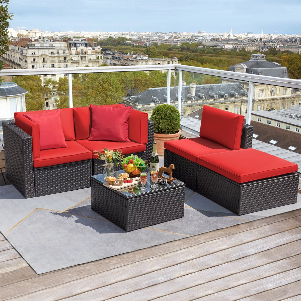5 Pieces Beige Wicker Rattan Patio Sectional Sofa M668