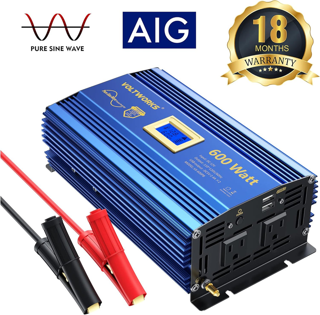 600 Watts Pure Sine Wave Power Inverter DC 12V to AC 110V 120V with USB Port & LCD Display M3535