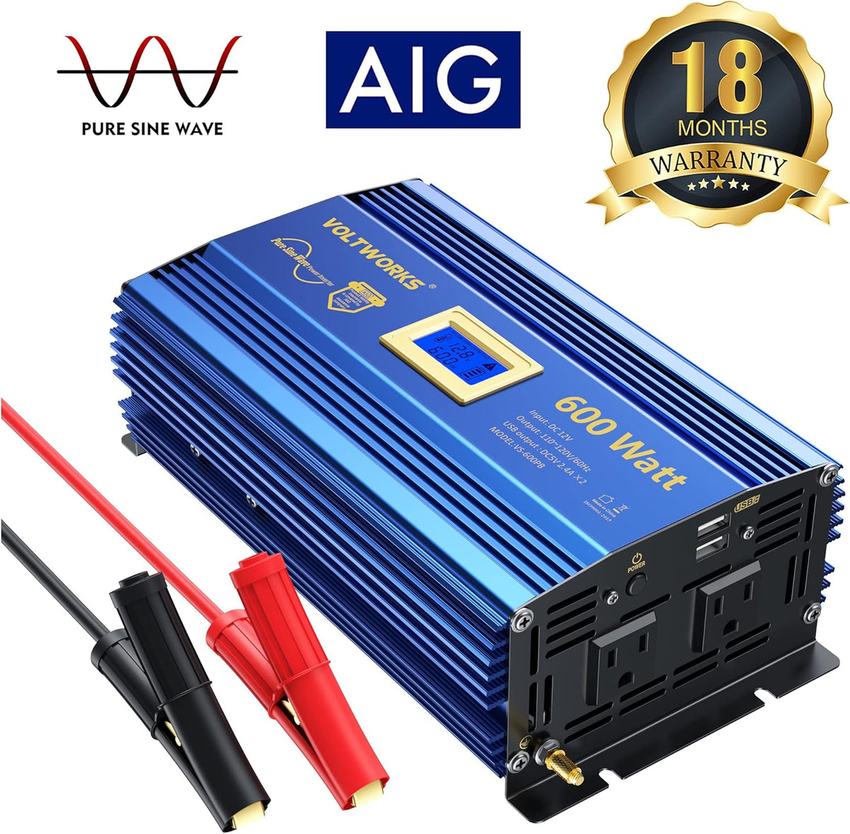 600 Watts Pure Sine Wave Power Inverter DC 12V to AC 110V 120V with USB Port & LCD Display M3535