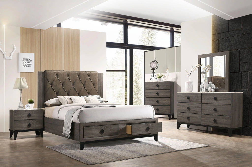 Fabric Rustic Gray Oak King Bedroom Set 6PCS X172