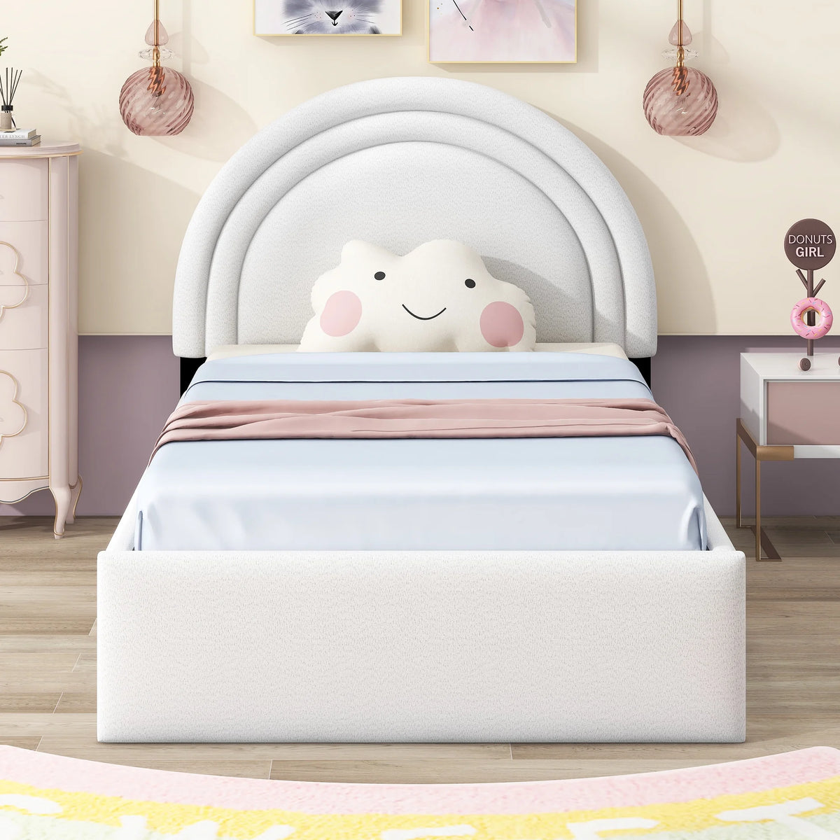 White Twin Upholstered Platform Bed with Four Drawers D10158