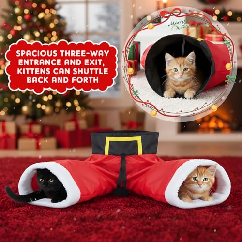 Christmas Cat Tunnel Tube with Balls, 3 Way Crinkle Paper Spring-Steel Frame G277843