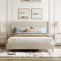 Queen Size Beige Corduroy Upholstered Platform Bed Frame with Wingback Headboard V759633