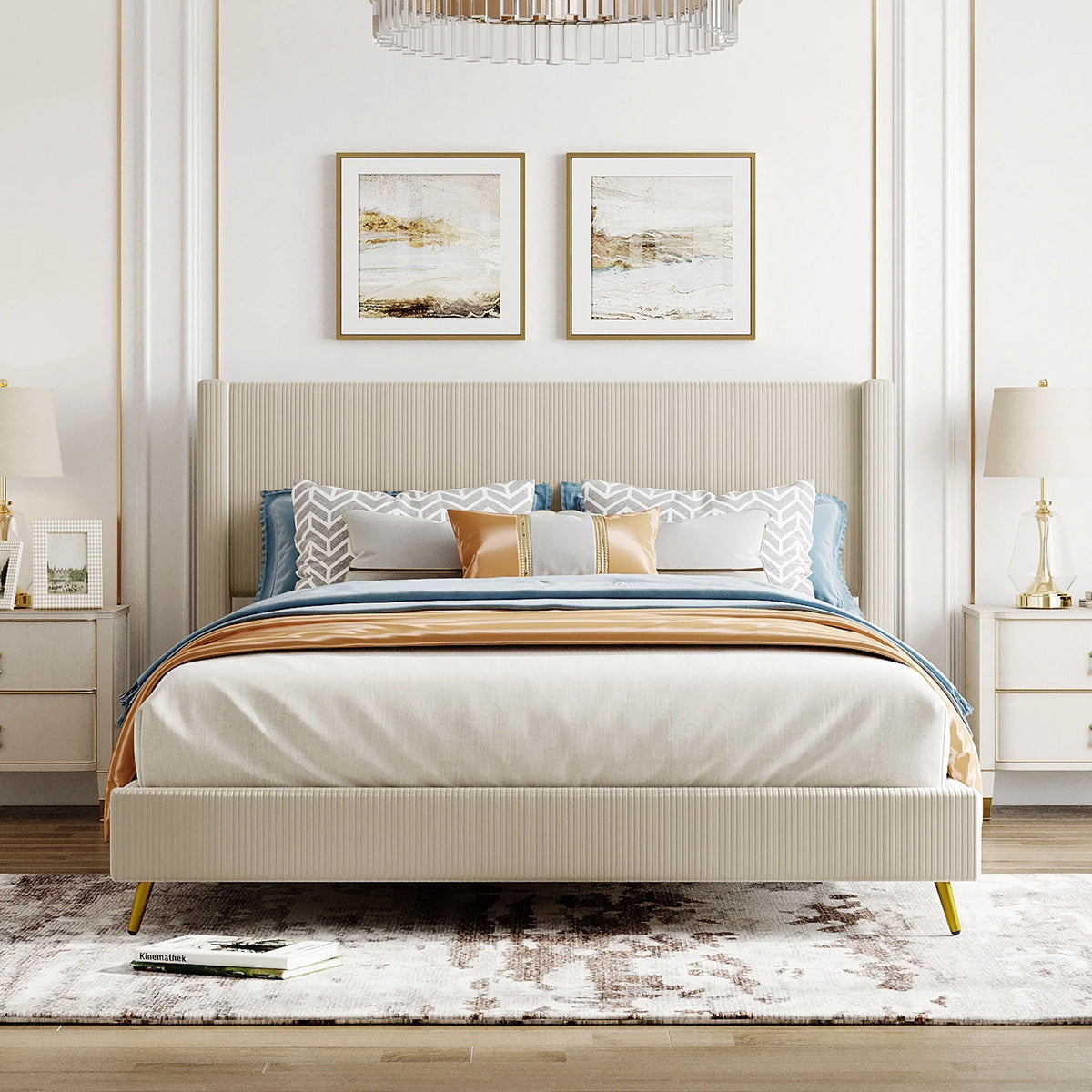 Queen Size Beige Corduroy Upholstered Platform Bed Frame with Wingback Headboard V759633