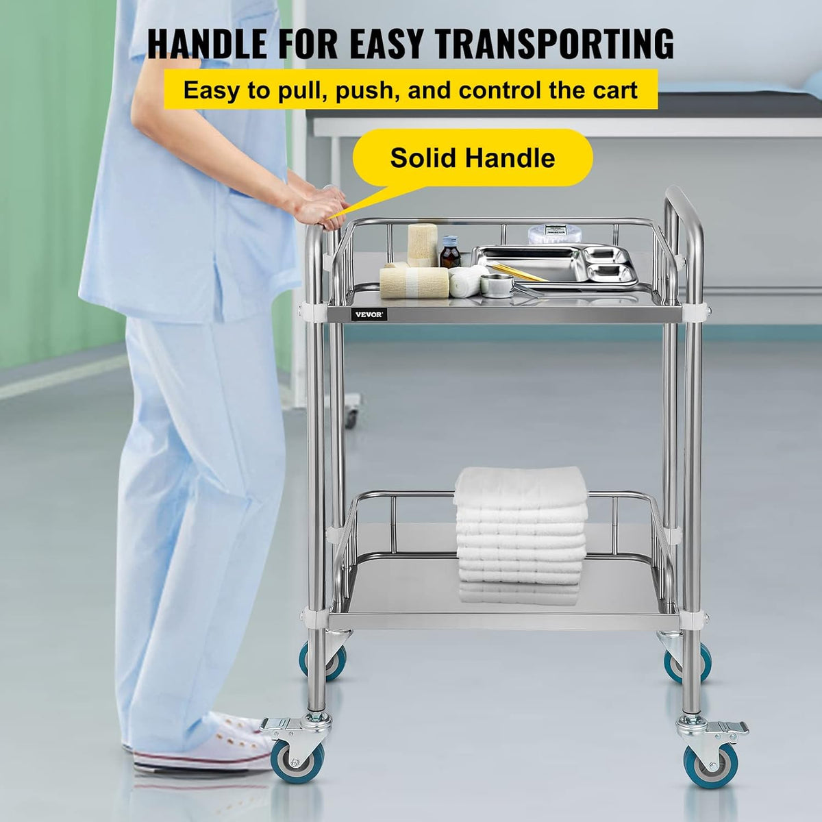 2-Shelf Stainless Steel Rolling Utility Cart with Lockable Wheels N398819