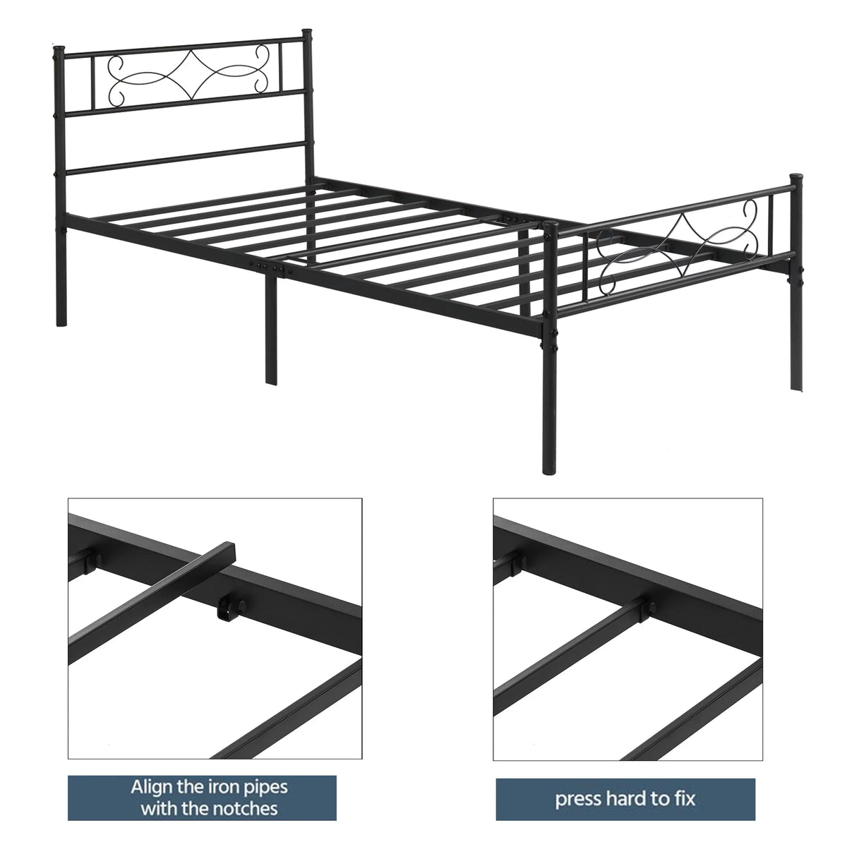 Twin Size Black Metal Platform Bed Frame with Headboard R35422