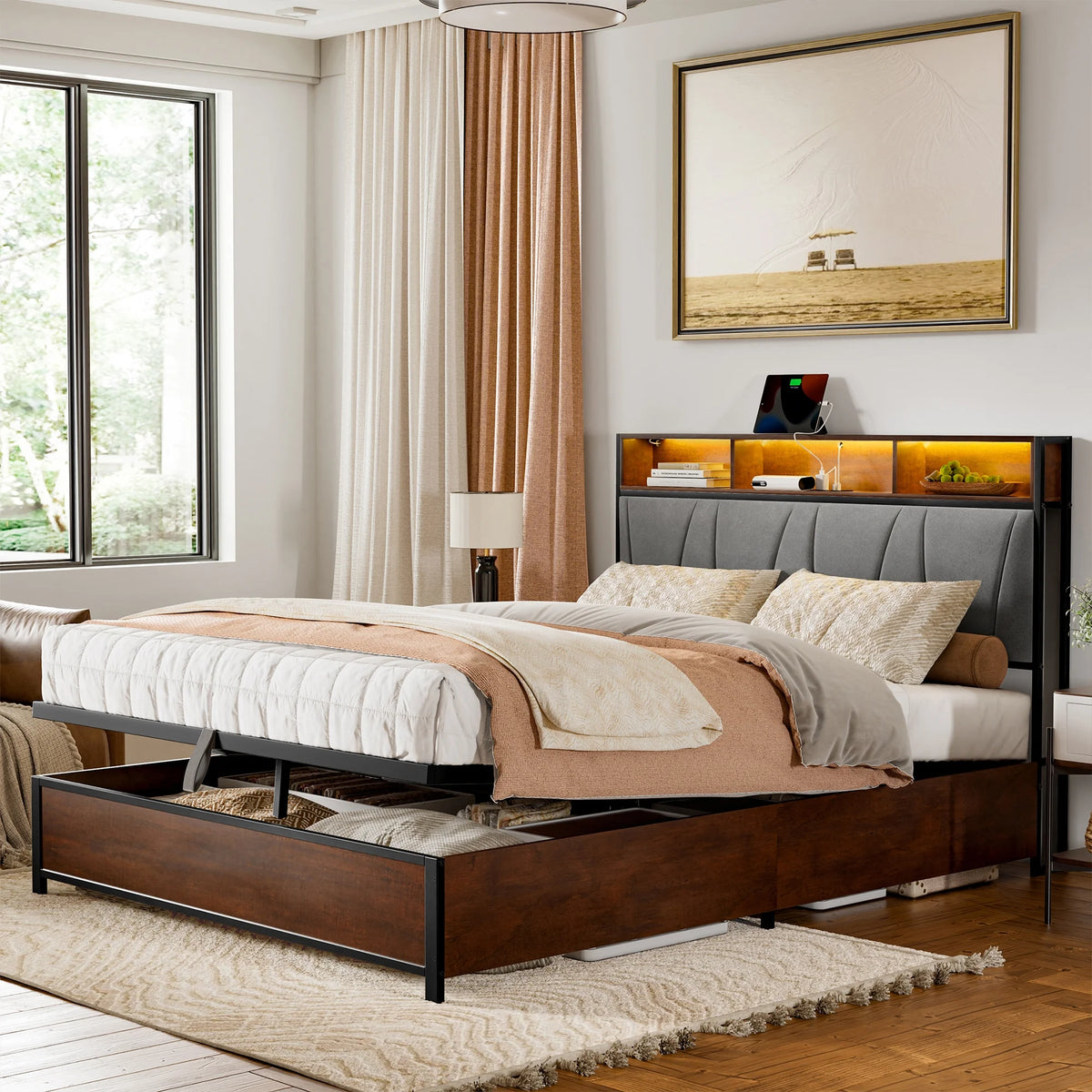 Full Size Lift Up Storage Platform Bed with Wingback Headboard N8162