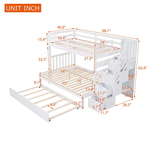 White Twin over Full Wood Bunk Bed with Trundle and Storage N889