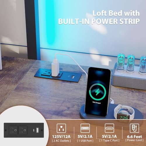 Twin Size Loft Bed with L-Shaped Desk, 5 Storage Drawers, LED Lights & Charging Station, Removable Ladder, Safety Guardrail, Rustic Brown V768