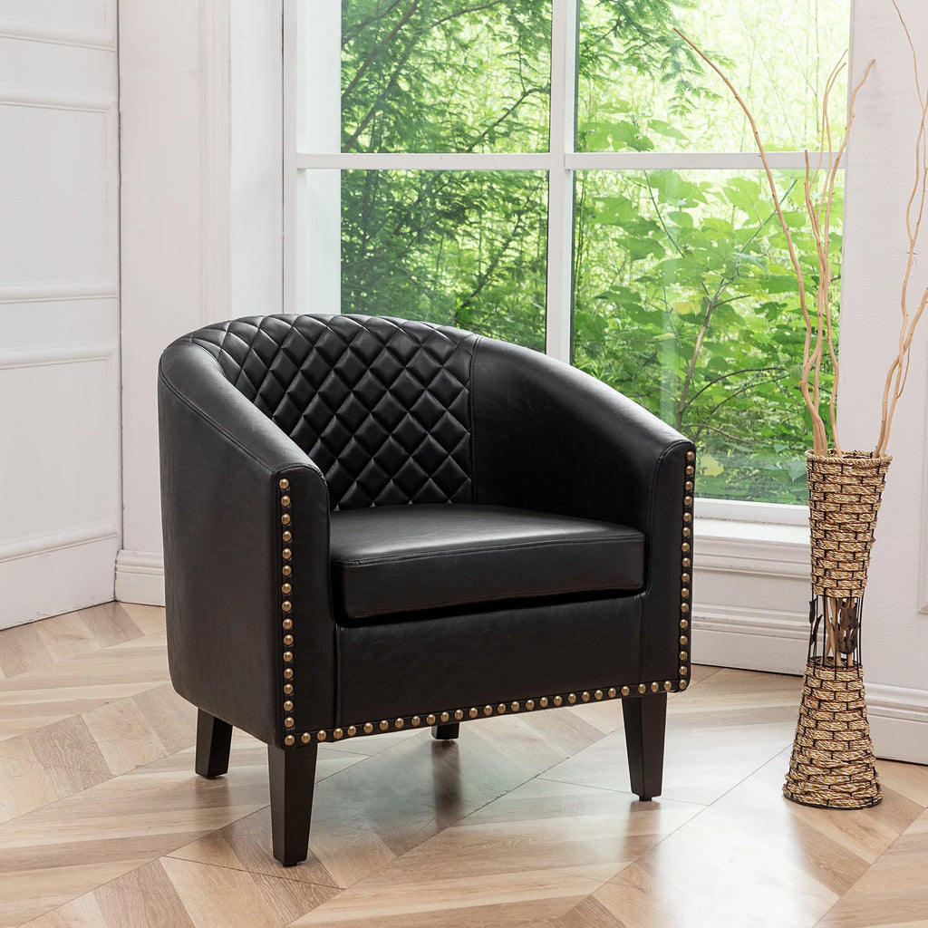 Mid Century Modern Tufted Faux Leather Barrel Armchair S973
