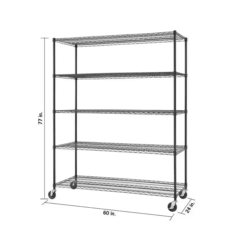 Black 5-Tier Rolling Steel Wire Shelving Unit W805