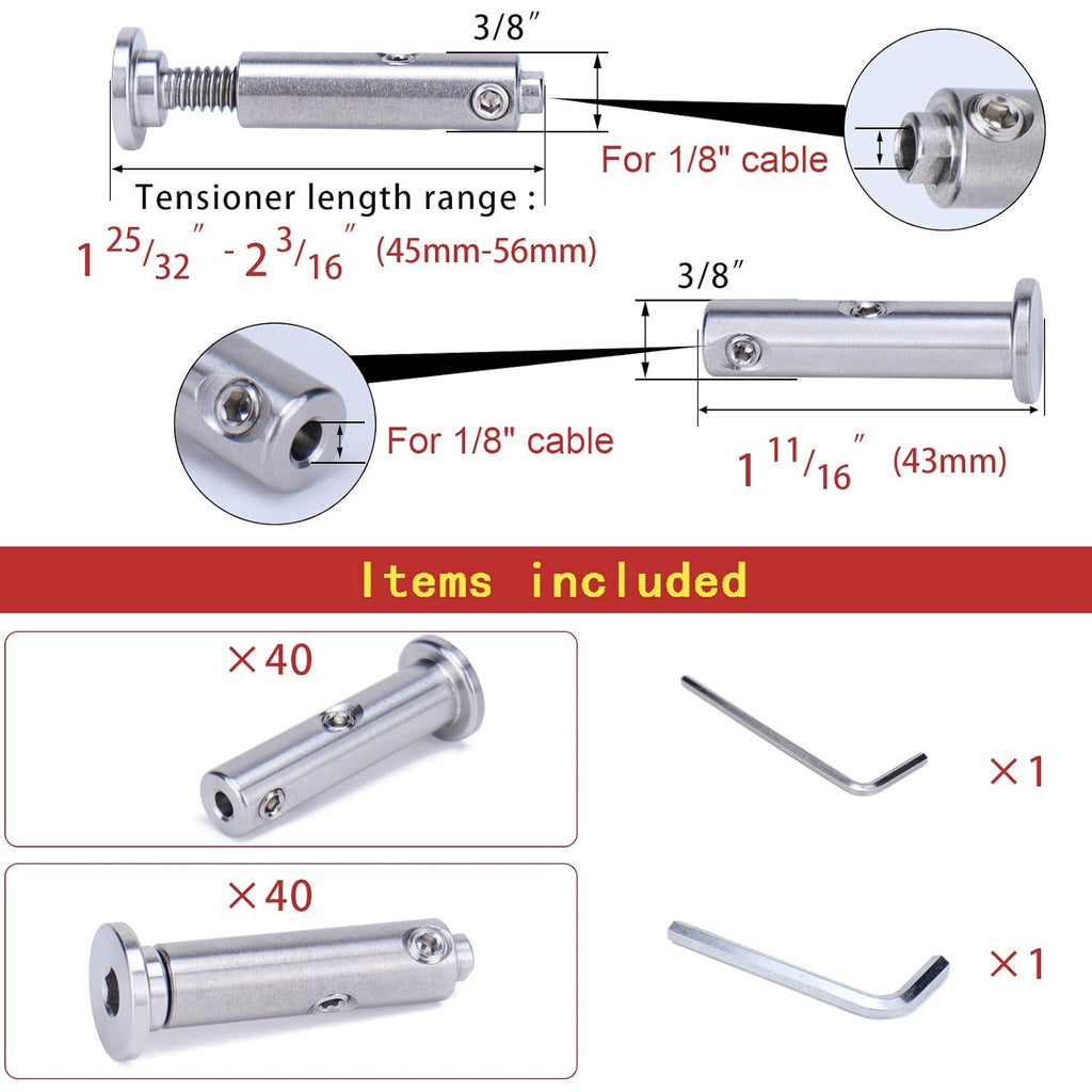 40Set Cable Railing Kit 1/8 Threaded Stud Hex Head Fitting T284128