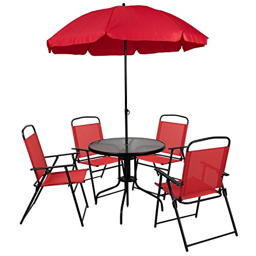 6-Piece Patio Dining Set with Glass Table, Folding Chairs, and Umbrella, Navy U55358