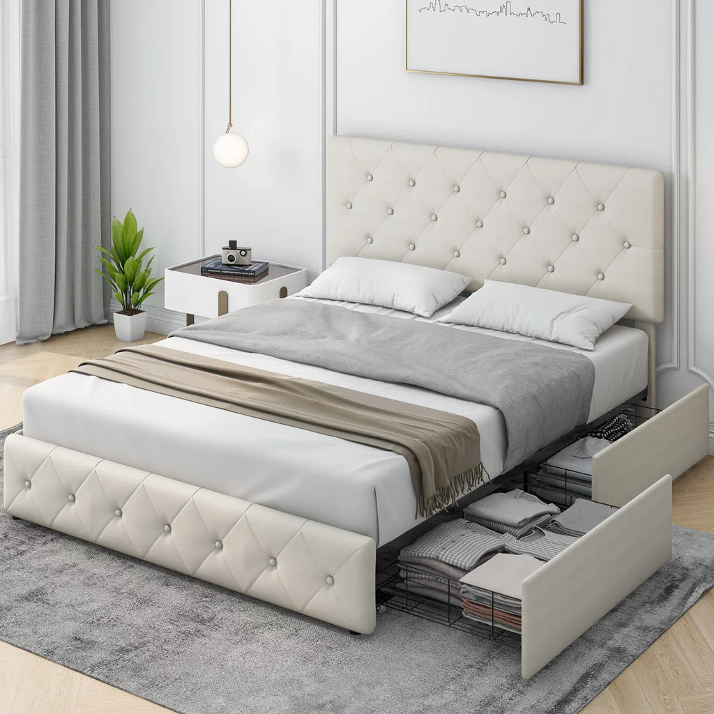 Queen Size 4 Drawer Tufted Upholstered Platform Bed Frame F32483
