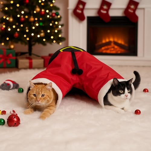 Christmas Cat Tunnel Tube with Balls, 3 Way Crinkle Paper Spring-Steel Frame G277843