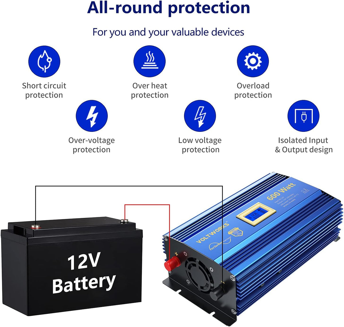 600 Watts Pure Sine Wave Power Inverter DC 12V to AC 110V 120V with USB Port & LCD Display M3535