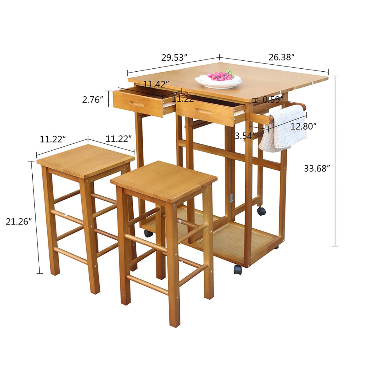 Folding Dining Cart Bar Table with 2 Stools L521319
