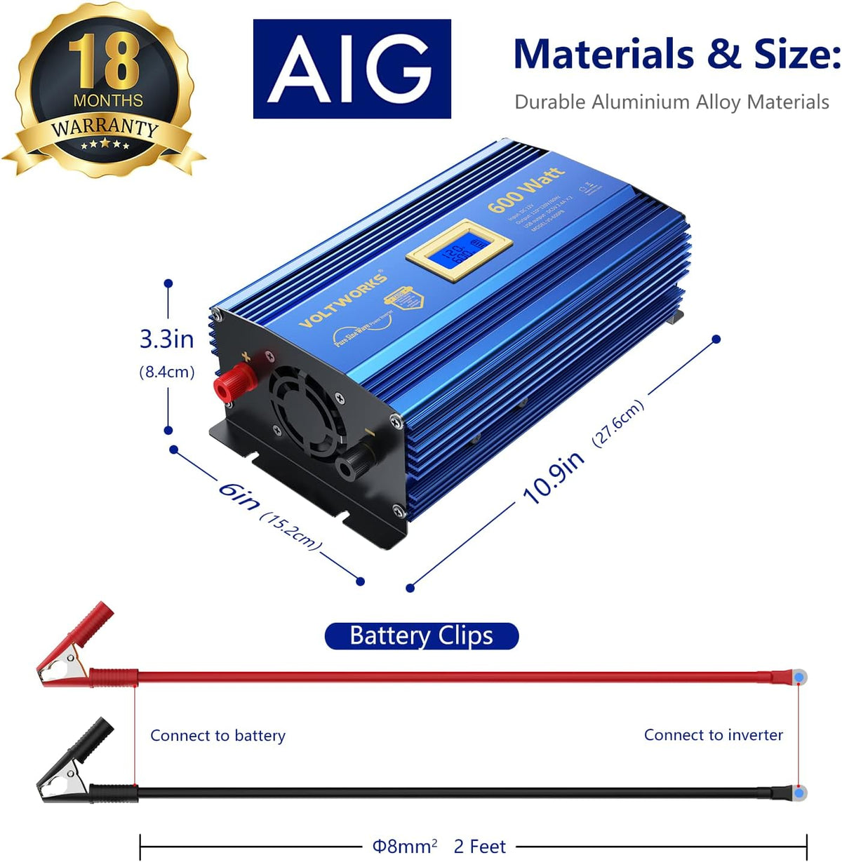 600 Watts Pure Sine Wave Power Inverter DC 12V to AC 110V 120V with USB Port & LCD Display M3535