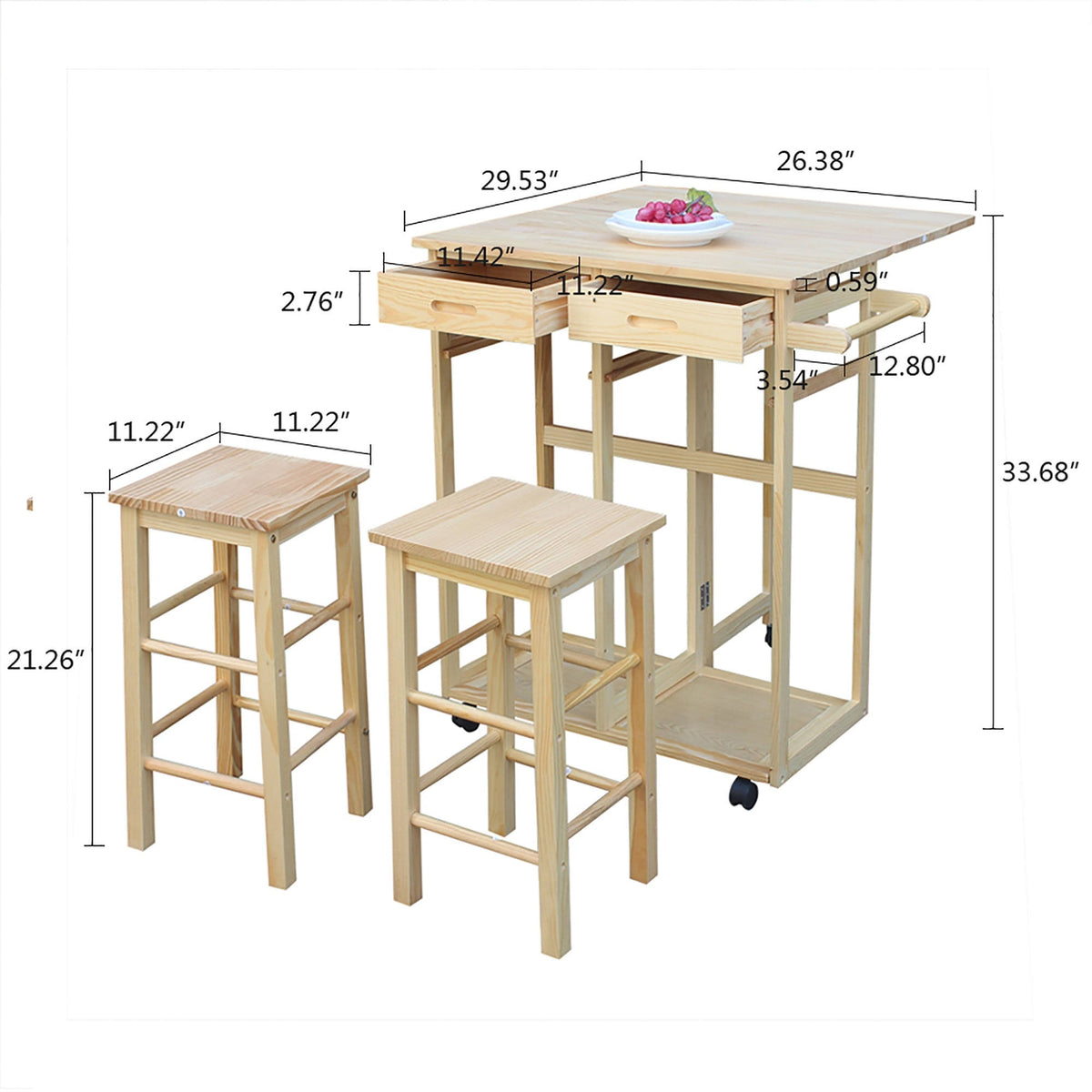 Folding Dining Cart Bar Table with 2 Stools L521319