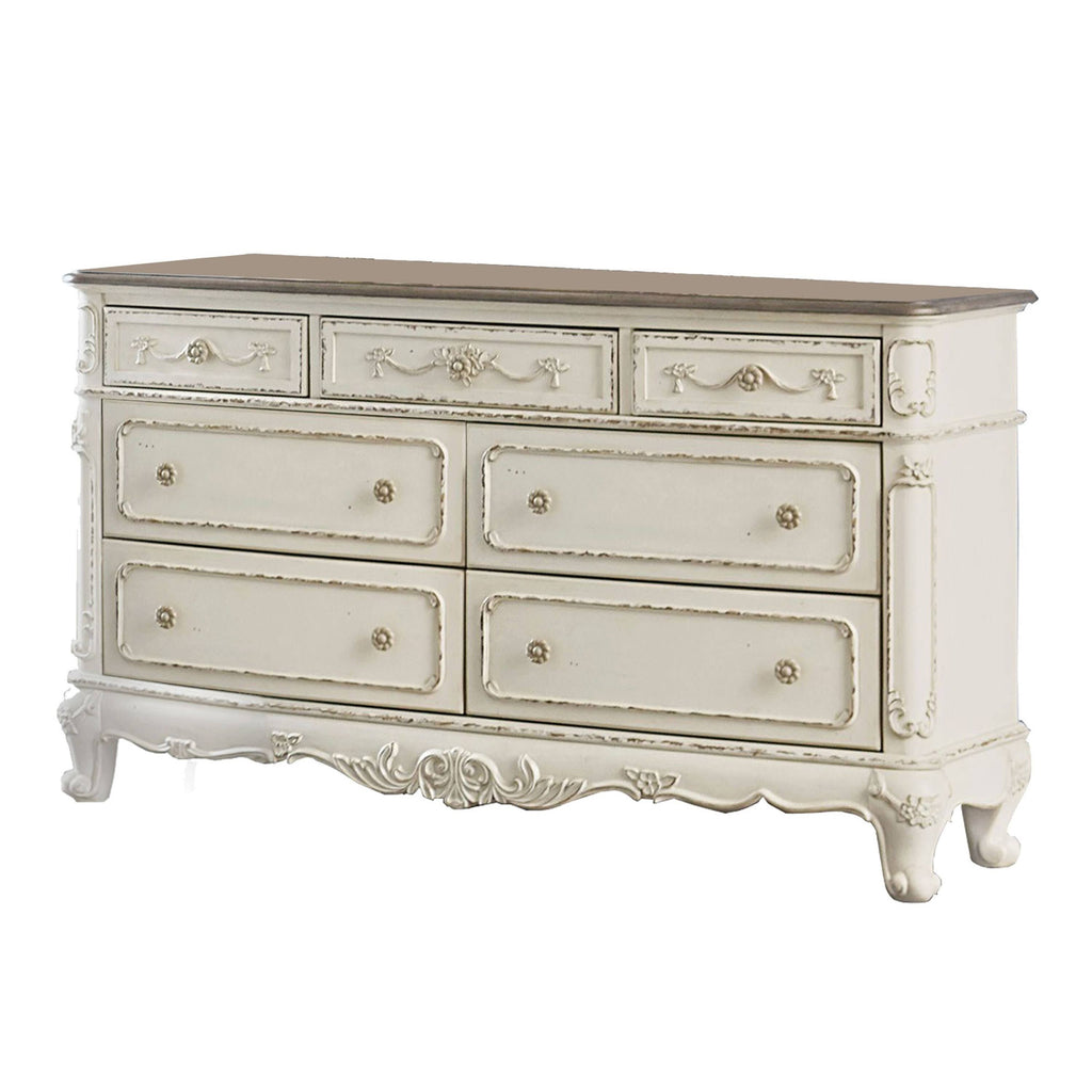 7 Drawer Antique White and Brown Dresser C497323