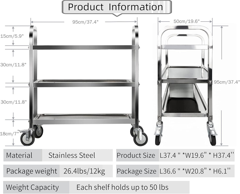 3 Tier Stainless Steel Utility Cart with Locking Wheels Y699060