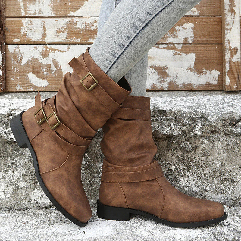 Buckle-Accented Mid-Calf Flat Boots X4188