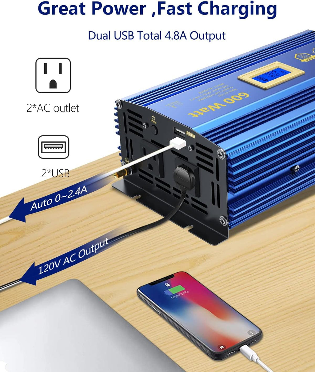 600 Watts Pure Sine Wave Power Inverter DC 12V to AC 110V 120V with USB Port & LCD Display M3535