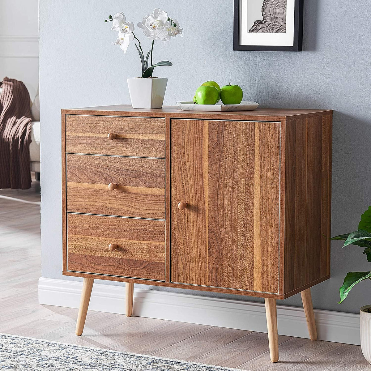 Wood Sideboard Cabinet with 3 Drawers, 32 Inch, Walnut J78354