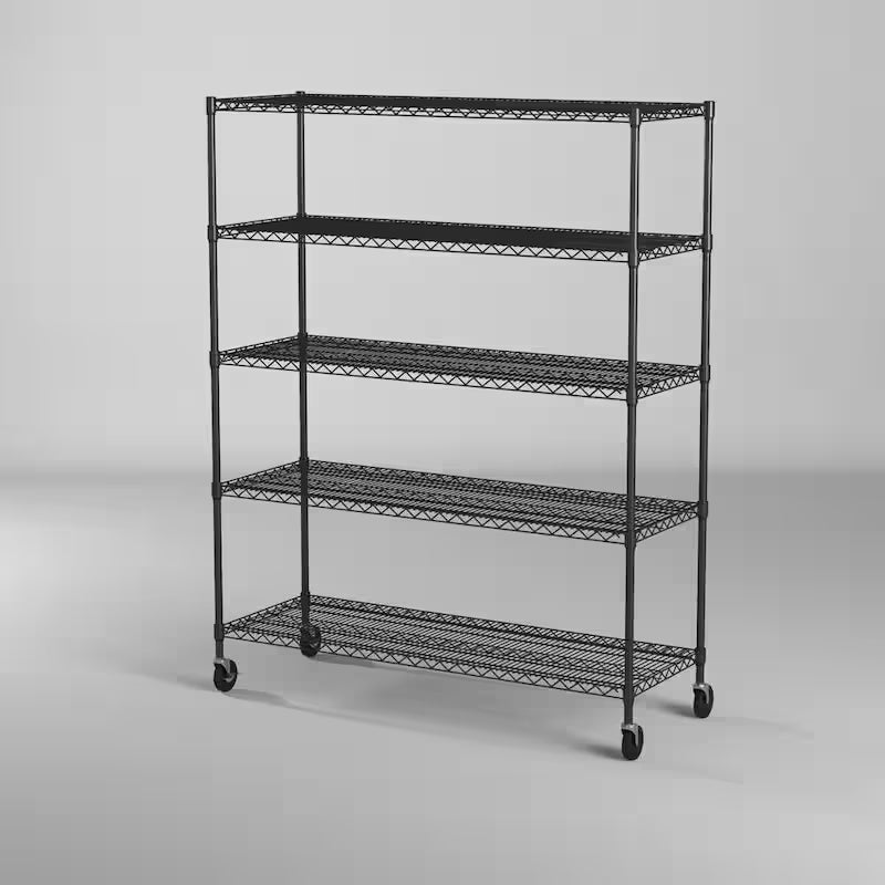 Black 5-Tier Rolling Steel Wire Shelving Unit W805