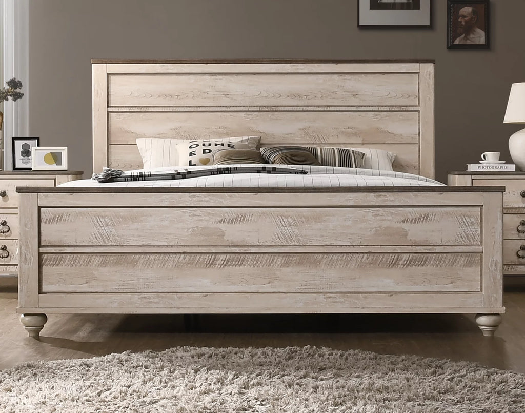 White Wash Finish Bedroom Set King Bed Dresser Mirror Nightstand Chest I388