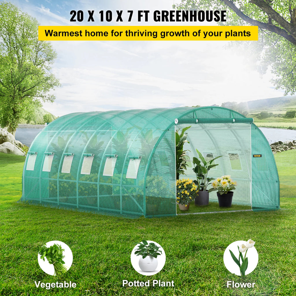 Walk in Tunnel Greenhouse, 20 x 10 x 7 ft Portable Plant Hot House with Galvanized Steel Hoops, 2 Zippered Doors & 12 Roll-up Windows, Green O868290