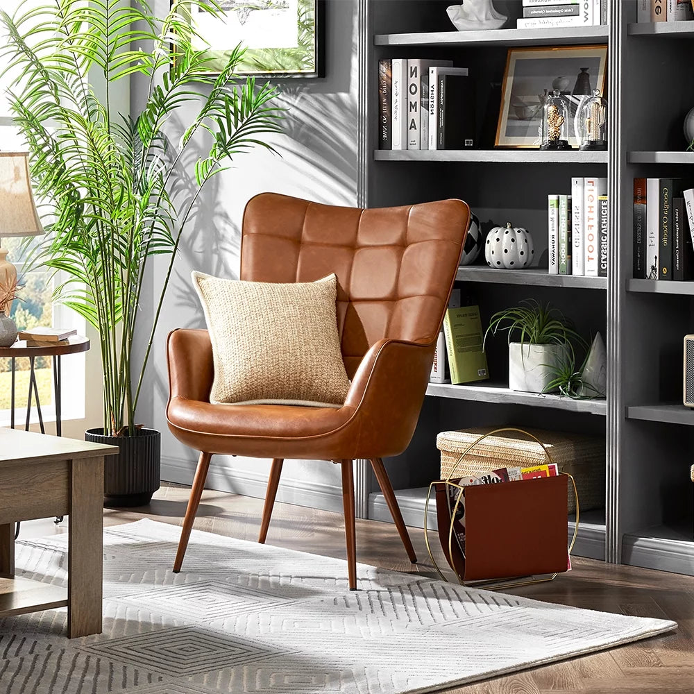 Brown Faux Leather Wingback Accent Chair J61820