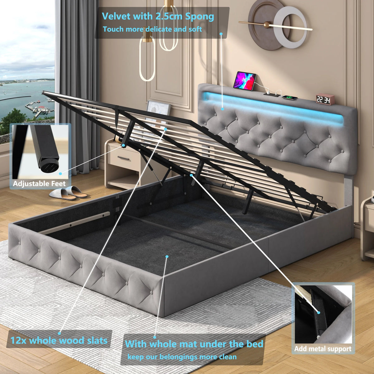 Beige Queen Lift Up Storage Bed with LED Light & Power Station F3418