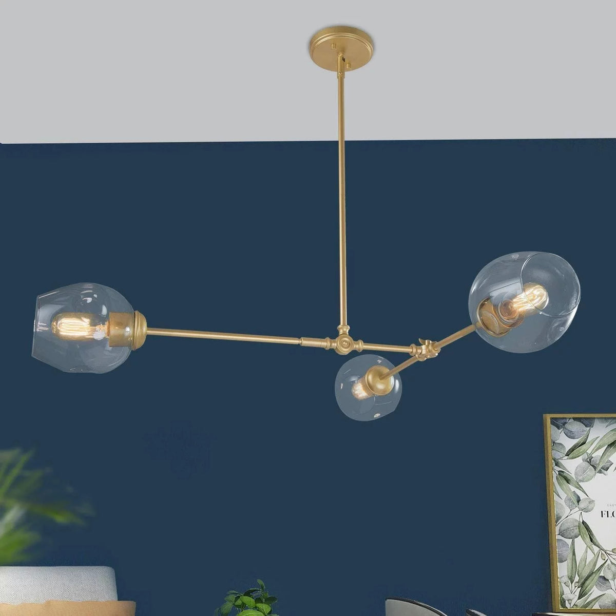 Mid-Century Modern 3-Light Gold Clear Glass Chandelier K940205