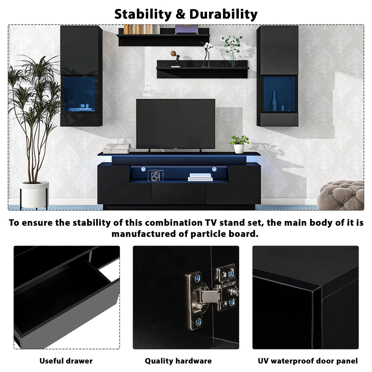 Black High Gloss Wall Mounted Floating TV Stand Set D680