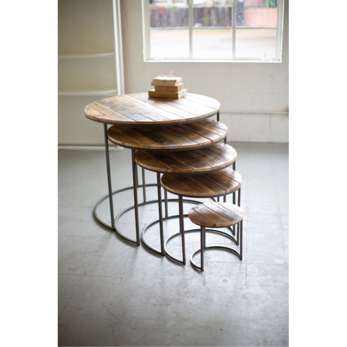 Recycled Wood and Iron Round Display Tables Set of 5 M27751