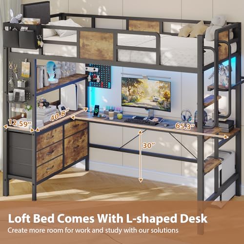 Twin Size Loft Bed with L-Shaped Desk, 5 Storage Drawers, LED Lights & Charging Station, Removable Ladder, Safety Guardrail, Rustic Brown V768