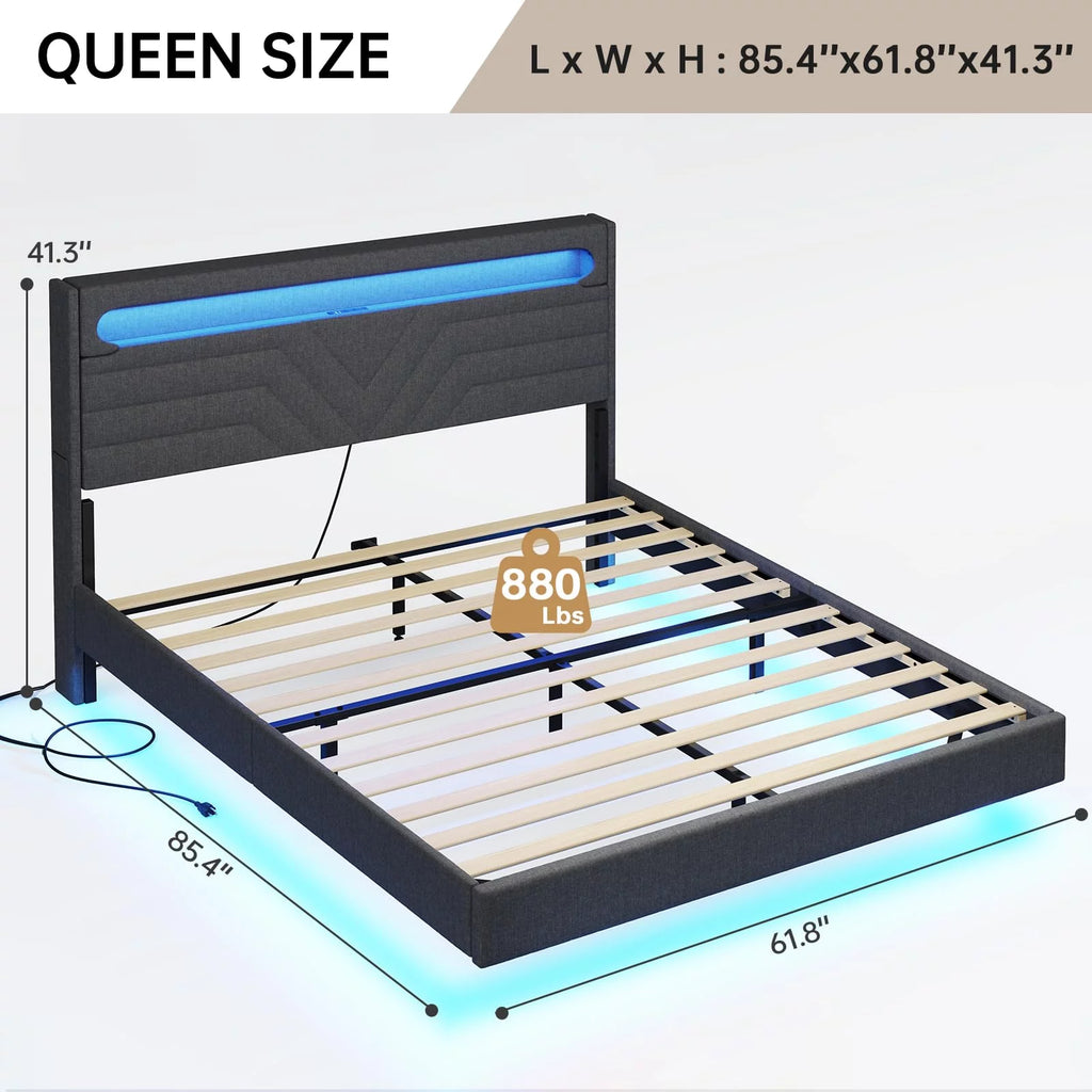 Queen Floating Bed Frame with LED Lights Headboard, USB-C/A Power Combo, Upholstered Platform Bed, Dark Gray R4299