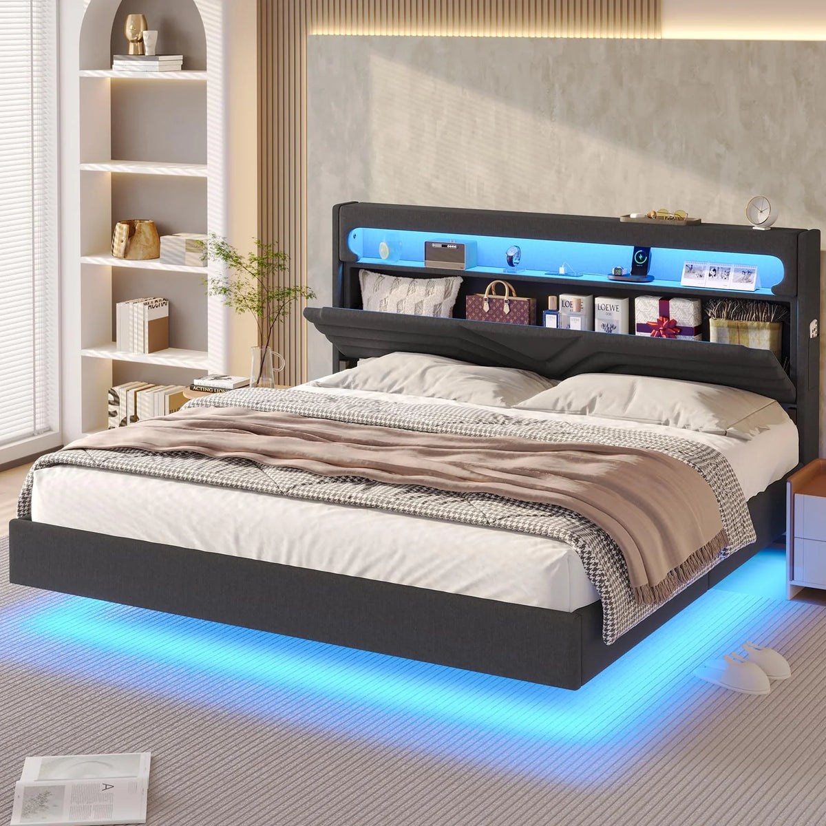 Queen Floating Bed Frame with LED Lights Headboard, USB-C/A Power Combo, Upholstered Platform Bed, Dark Gray R4299