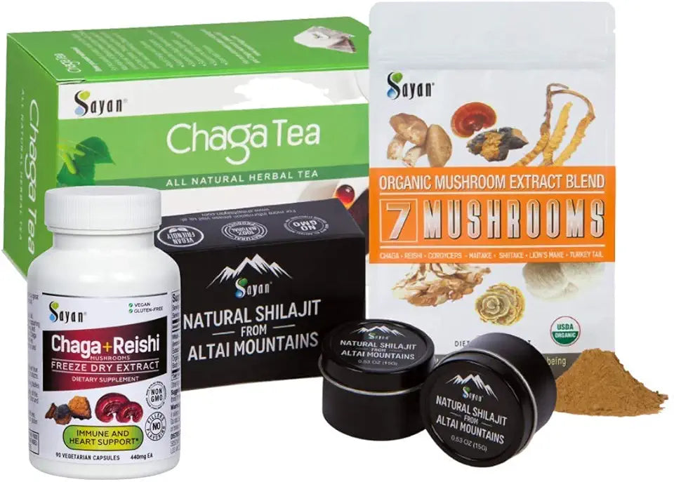 Chaga Mix Supplements, Shilajit Resin 30 g, 7 Mushroom Extract Powder, Reishi Extract Capsules 90 Capsules, Chaga Mushroom Tea 20 Bags Z5585
