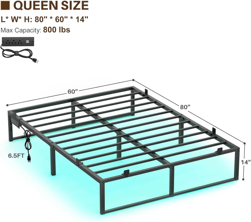 14 Inch Queen Size Metal Platform Bed Frame with Charging Station and LED Lights F40279