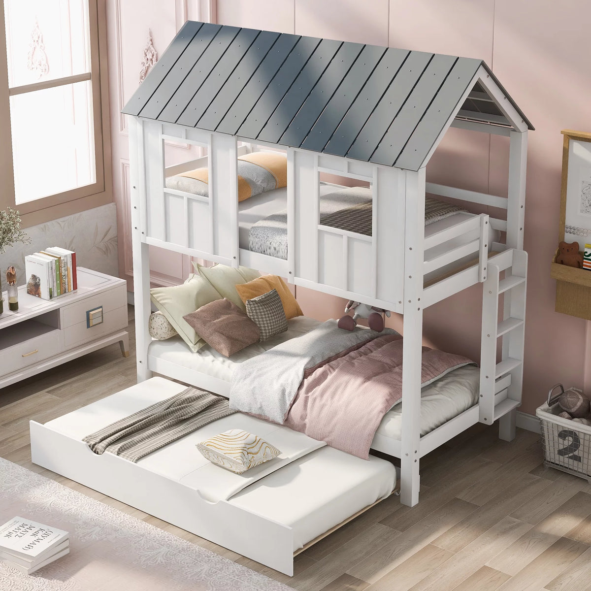 White Bunk Bed with Trundle R556