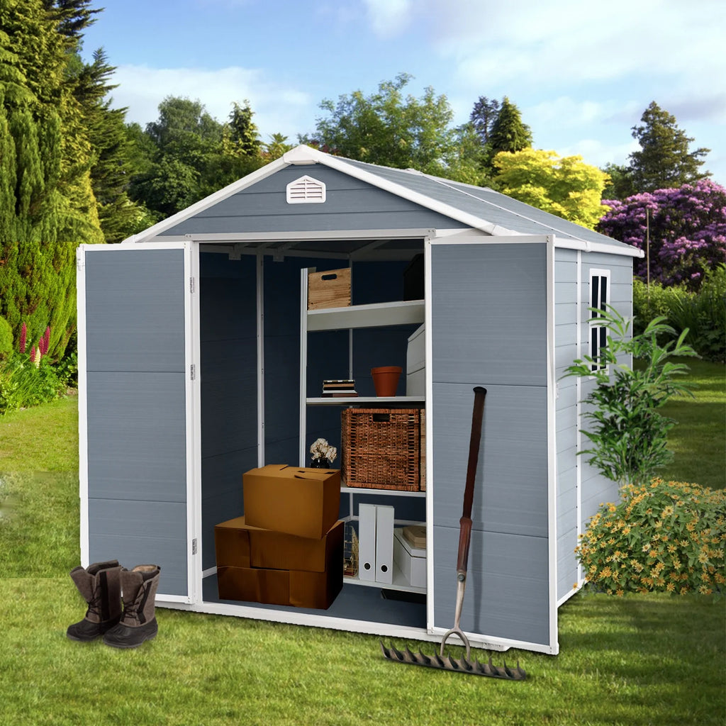 6x8 FT Plastic Resin Outdoor Storage Shed with Floor and Lockable Door F87471