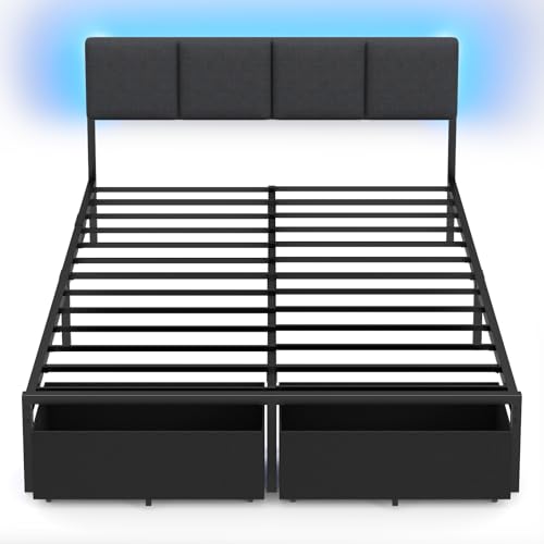 Queen Size Upholstered Platform Bed Frame with Headboard and Storage Drawer H947542