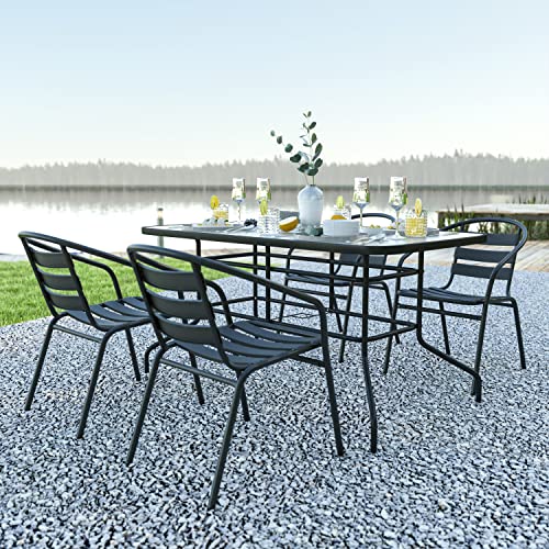 Rectangular Metal Patio Table & Chairs Set with Tempered Glass Top and 4 Black Aluminum Stacking Chairs D475029
